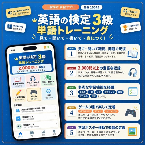 画像4: 【Webアプリ連動版】proceedx　学習ポスター10045英検３級合格　必須英単語、熟語集1　勉強部屋　教室　壁掛け　学生　一般 (4)