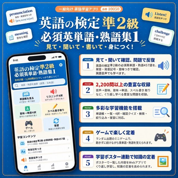 画像4: 【Webアプリ連動版】proceedx 学習ポスターpro-10050英検準2級合格 必須英単語、熟語集1 A2サイズ 勉強部屋 教室 壁掛け [pro-10050] (4)