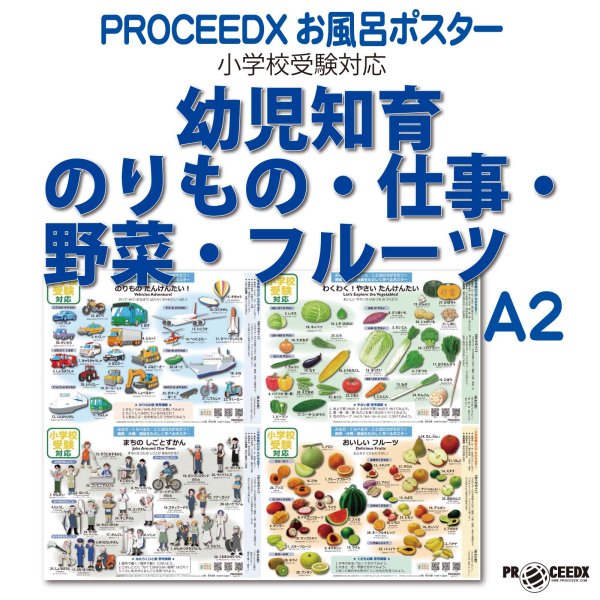 小学校受験対応 お風呂ポスターA2サイズ｜幼児知育・のりもの・仕事・野菜・フルーツ