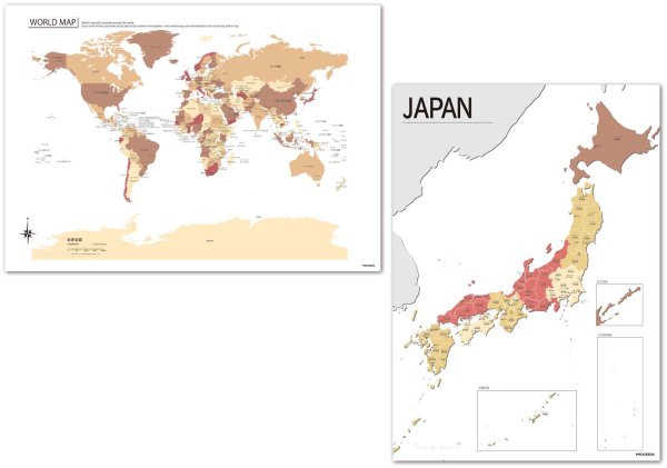 画像1: 【THE MAP ROOM】 日本地図＆世界地図 2枚セット カームベージュ A2サイズ 特選ポスター 日本製 影付き インテリア アートポスター (1)