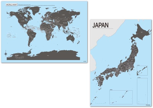 PROCEEDX美しい日本+世界地図セット パステルカラーブルー2 学習ポスターミニマルマップA2サイズ日本製　丸筒送付 影付き1305