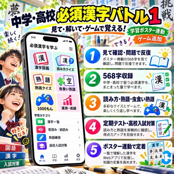 画像4: 【Webアプリ連動版】proceedx 0255 中学、高校習得必須漢字表1 中学 高校 学習ポスター 家庭学習 知育 勉強 部屋 教室 掲示 (4)