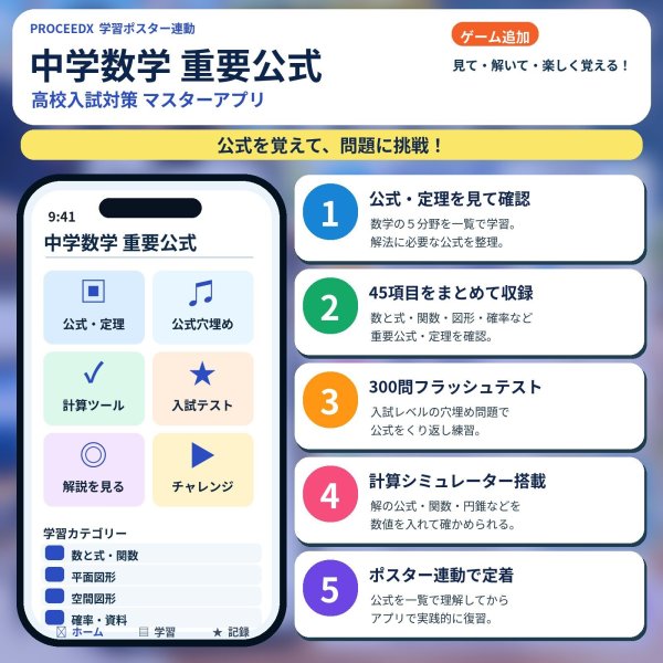 画像4: 【Webアプリ連動版】proceedx 0978 中学数学重要公式集（高校入試対策） 中学 学習ポスター 家庭学習 知育 勉強 部屋 教室 掲示 (4)