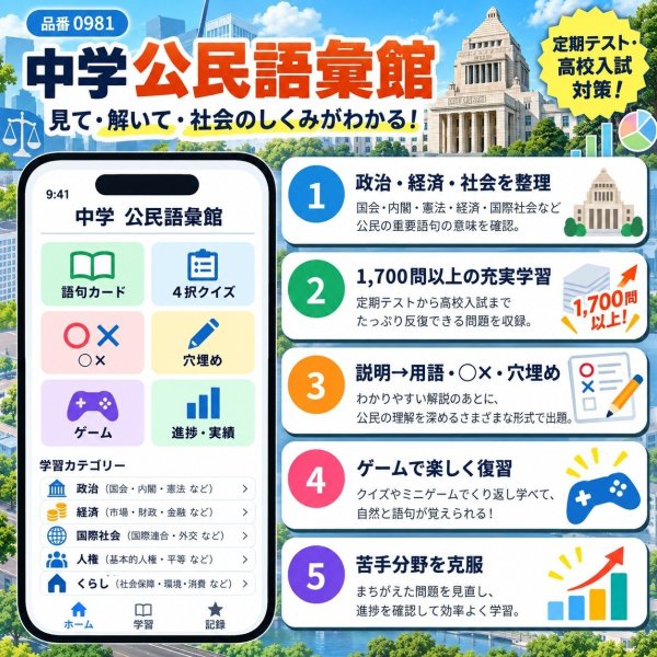 画像4: 【Webアプリ連動版】proceedx 0981 中学 公民 重要用語集 中学 学習ポスター 家庭学習 知育 勉強 部屋 教室 掲示 (4)