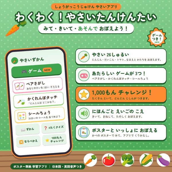 画像2: 1603【学習アプリ】 わくわく！やさいたんけんたい しょうがっこうじゅけん やさいアプリ (2)
